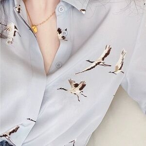 Silk Women’s Light Blue Bird Print Shirt (NEW)